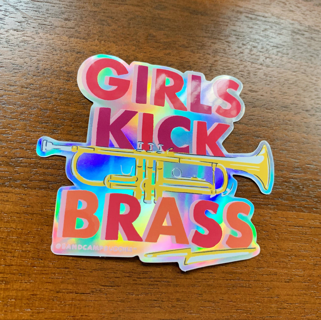 Band Camp Buddies, Marching Band, 3" Holographic, Girls Kick Brass Rainbow Trumpet, Vinyl Waterproof Die Cut Sticker