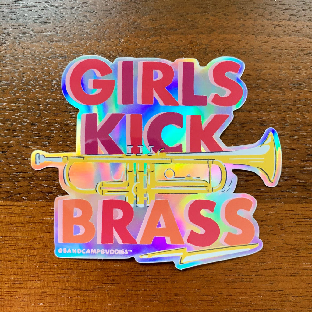 Band Camp Buddies, Marching Band, 3" Holographic, Girls Kick Brass Rainbow Trumpet, Vinyl Waterproof Die Cut Sticker