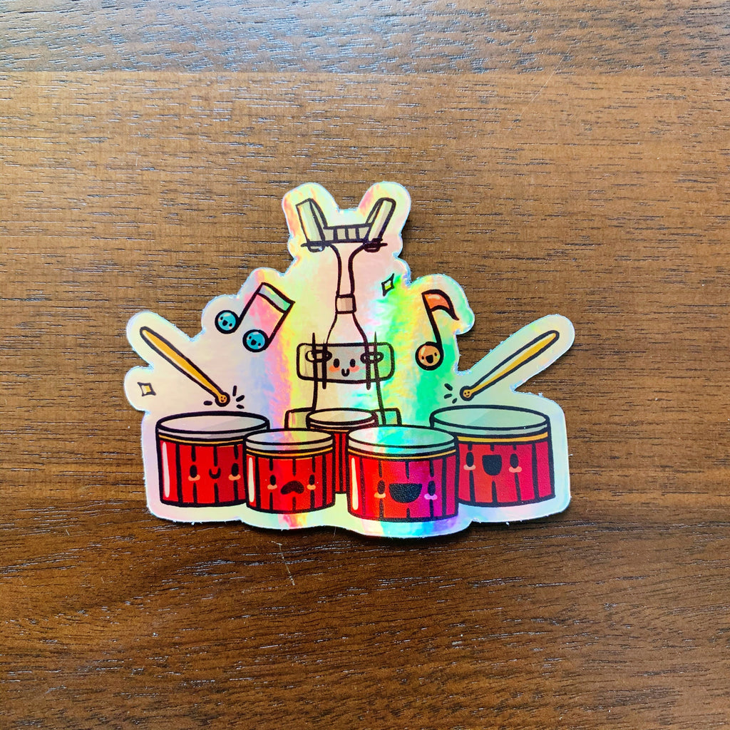Kawaii Tenor Drums, Band Camp Buddies, Marching Band, Percussion, 3" Holographic Rainbow Iridescent, Waterproof Sticker