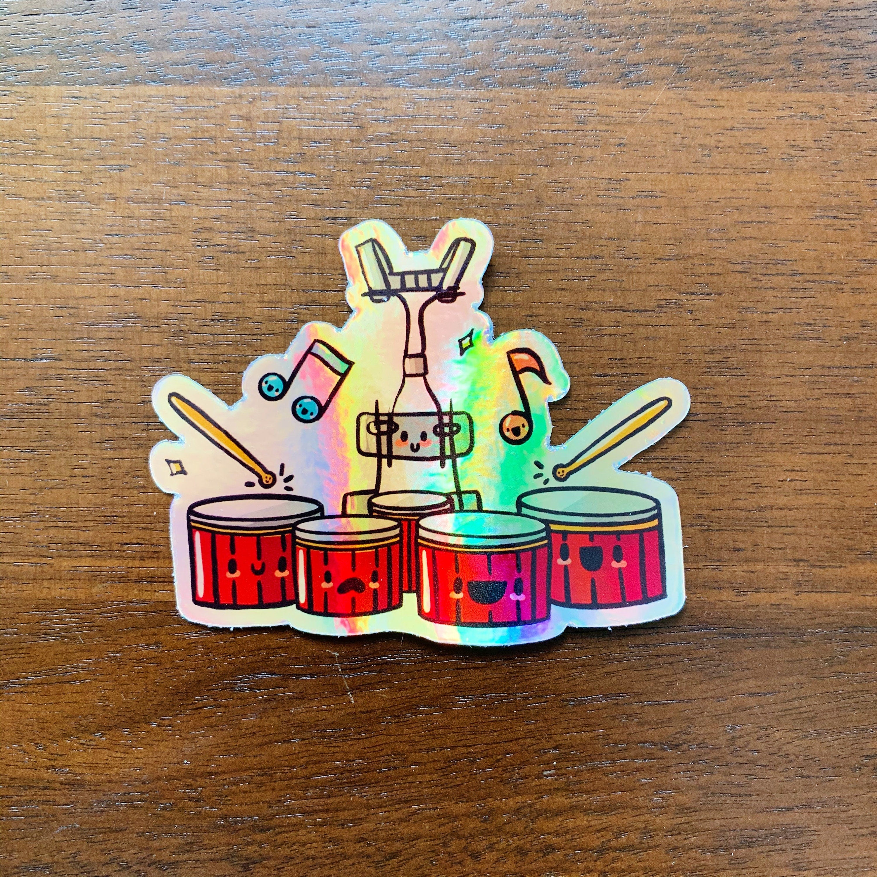 Kawaii Tenor Drums, Band Camp Buddies, Marching Band, Percussion, 3" Holographic Rainbow Iridescent, Waterproof Sticker