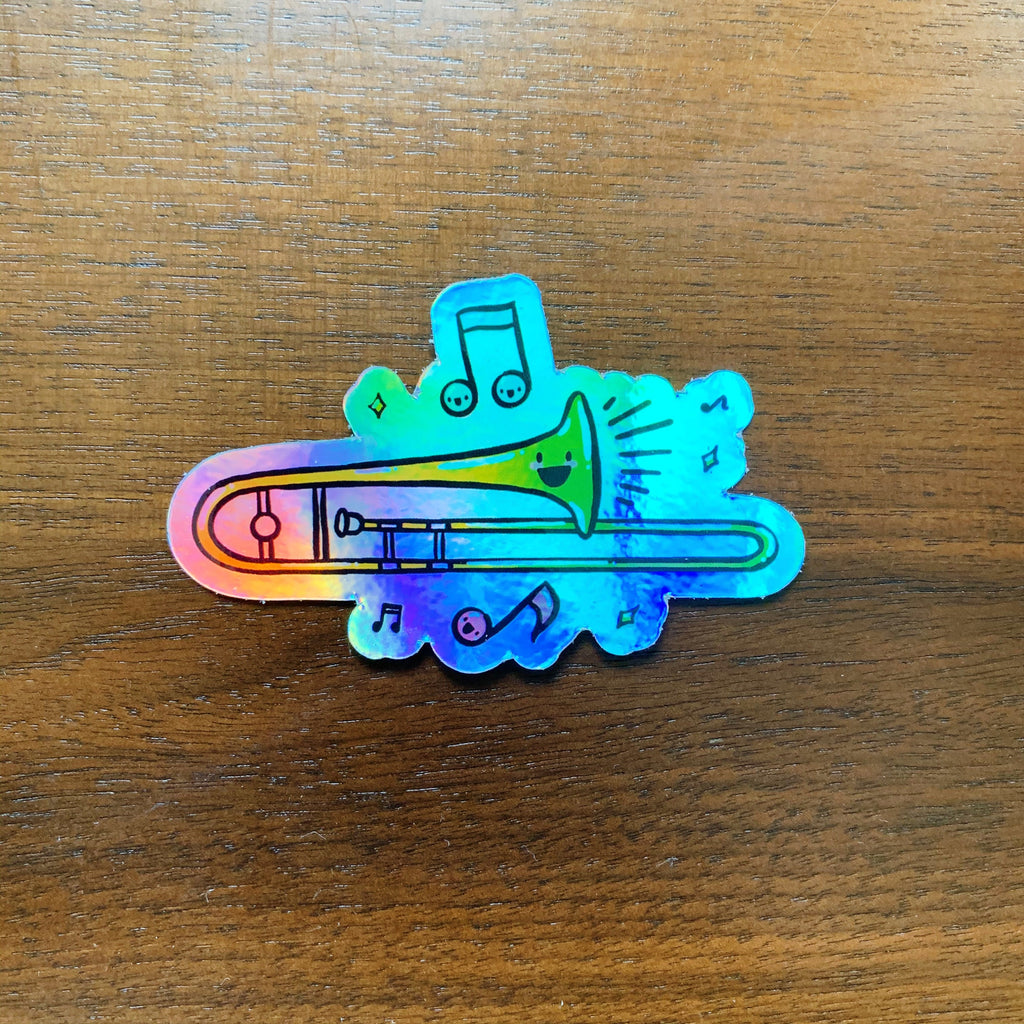 Kawaii Trombone, Band Camp Buddies, Marching Band, 3" Holographic Rainbow Iridescent, Waterproof Sticker