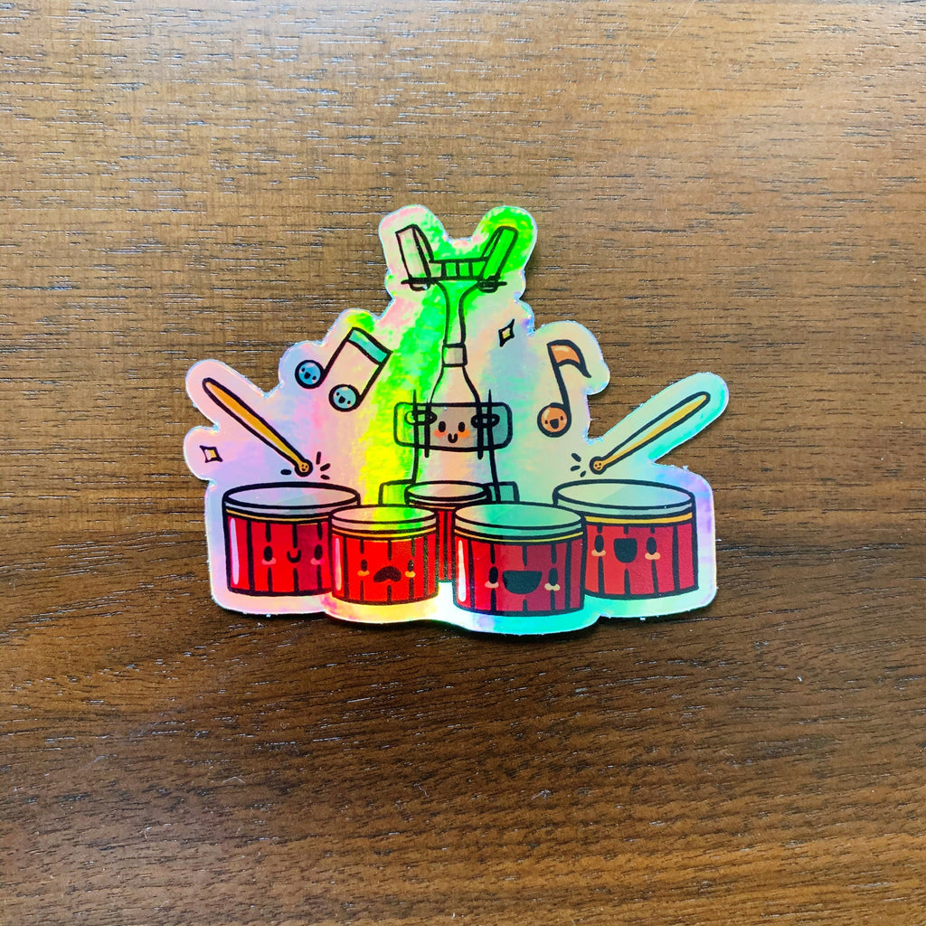 Kawaii Tenor Drums, Band Camp Buddies, Marching Band, Percussion, 3" Holographic Rainbow Iridescent, Waterproof Sticker