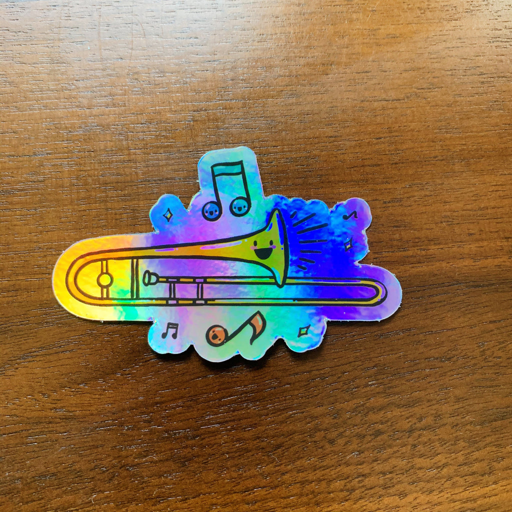 Kawaii Trombone, Band Camp Buddies, Marching Band, 3" Holographic Rainbow Iridescent, Waterproof Sticker