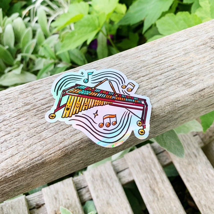 Kawaii Marimba, Vibes, Xylophone, Band Camp Buddies, Marching Band, 3" Holographic Rainbow Iridescent, Waterproof Sticker