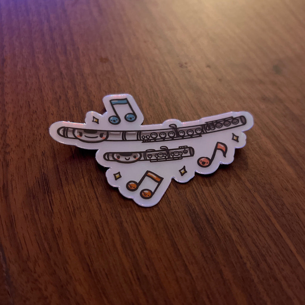 Kawaii Flute & Piccolo, Band Camp Buddies, Marching Band, 3" Holographic Rainbow Iridescent, Waterproof Sticker