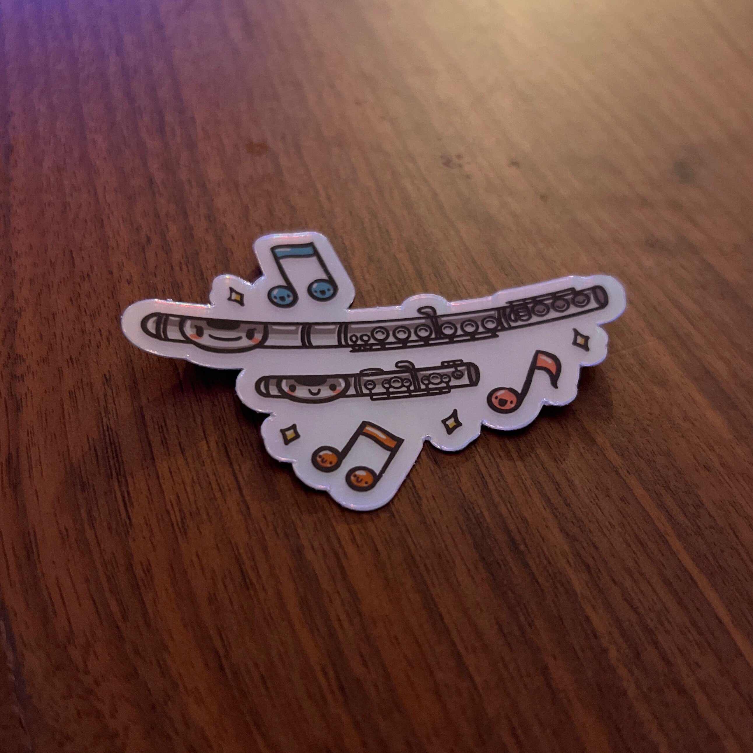 Kawaii Flute & Piccolo, Band Camp Buddies, Marching Band, 3" Holographic Rainbow Iridescent, Waterproof Sticker