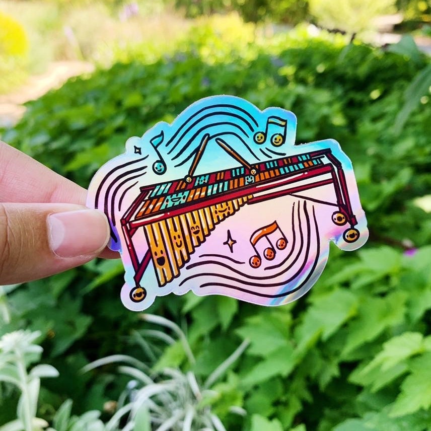 Kawaii Marimba, Vibes, Xylophone, Band Camp Buddies, Marching Band, 3" Holographic Rainbow Iridescent, Waterproof Sticker
