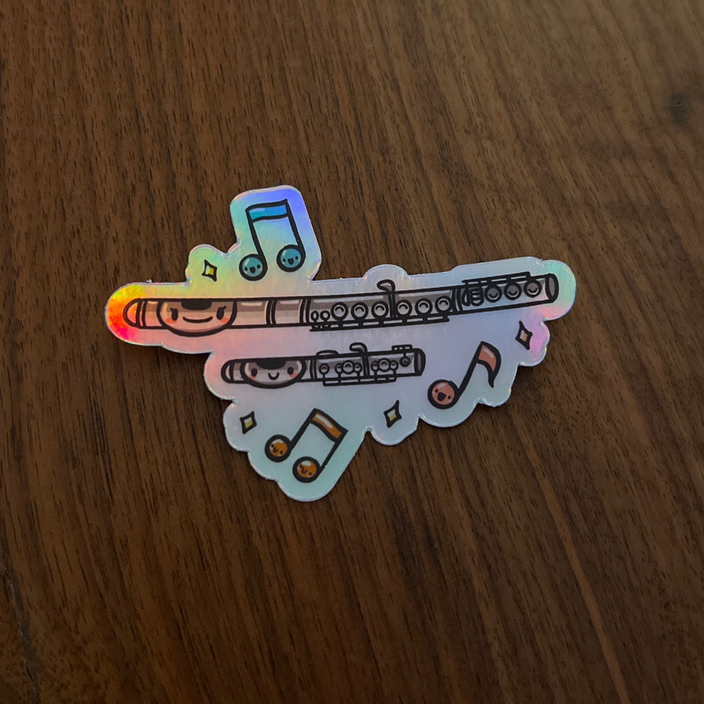 Kawaii Flute & Piccolo, Band Camp Buddies, Marching Band, 3" Holographic Rainbow Iridescent, Waterproof Sticker