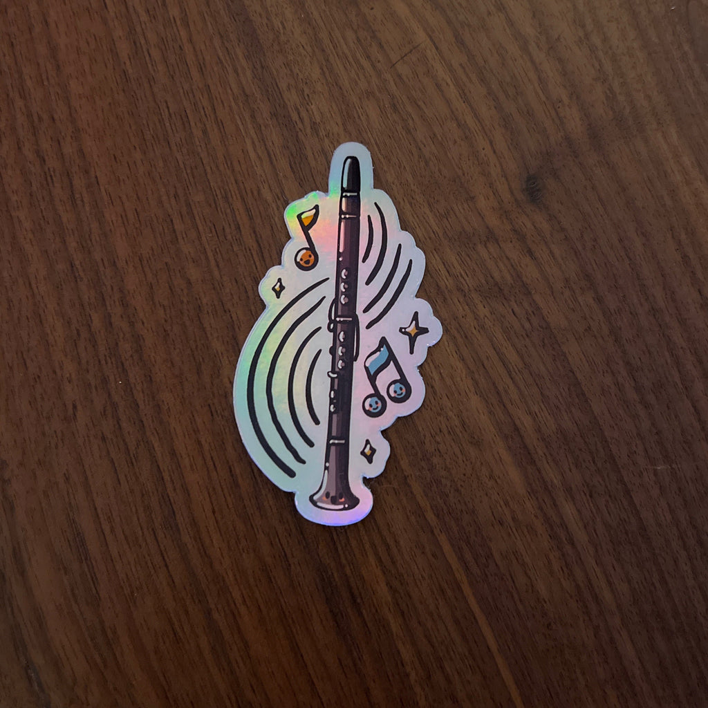 Kawaii Clarinet, Band Camp Buddies, Marching Band, 3" Holographic Rainbow Iridescent, Waterproof Sticker