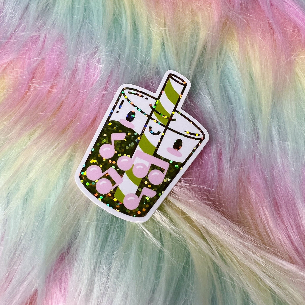 Vinyl Sticker, Glitter Matcha, Musical Boba Milk Tea by Band Camp Buddies, 2.5", Waterproof