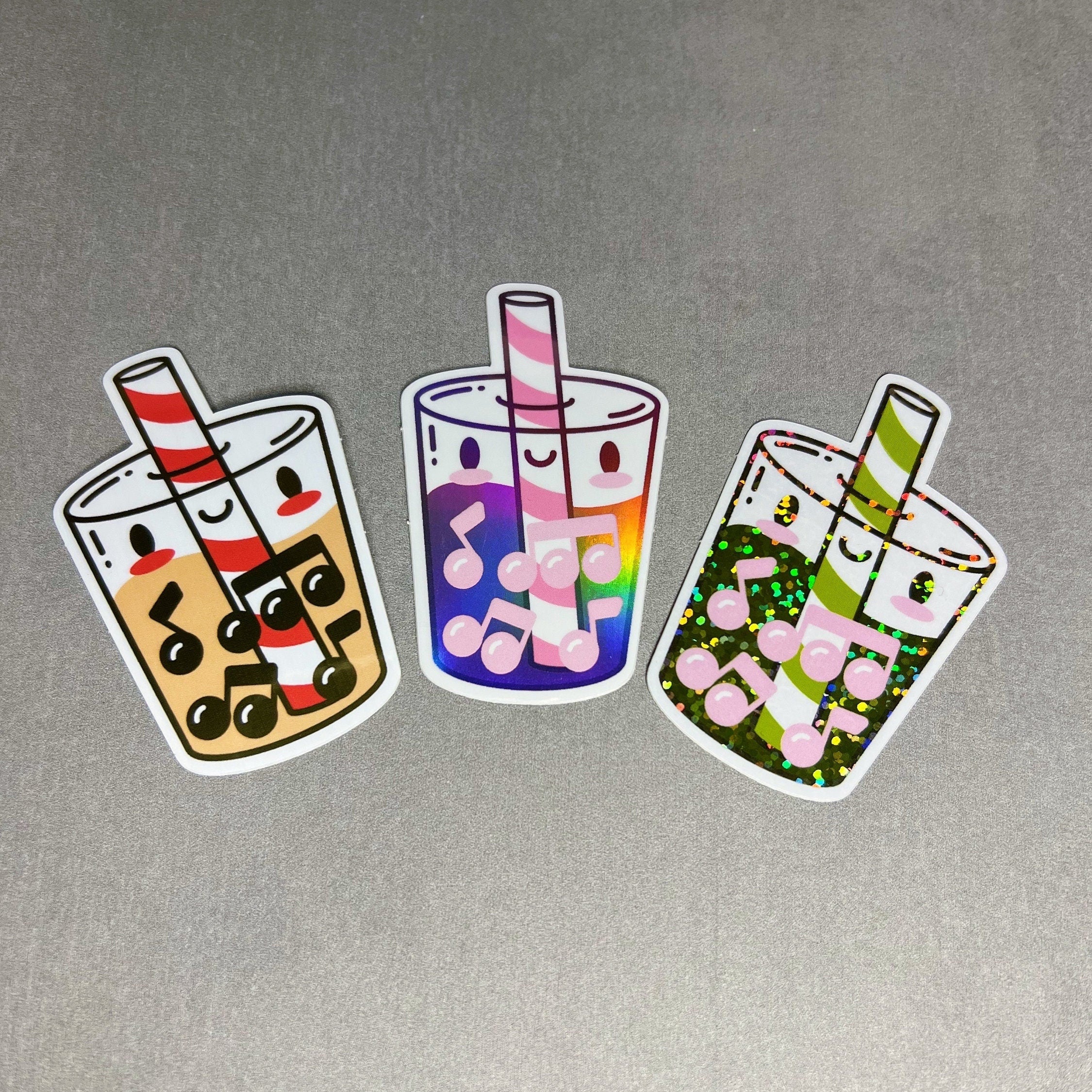 Boba Musical Milk Tea Collection (Set of 3 Stickers) by Band Camp Buddies, 2.5" Holographic Rainbow & Glitter Iridescent, Waterproof
