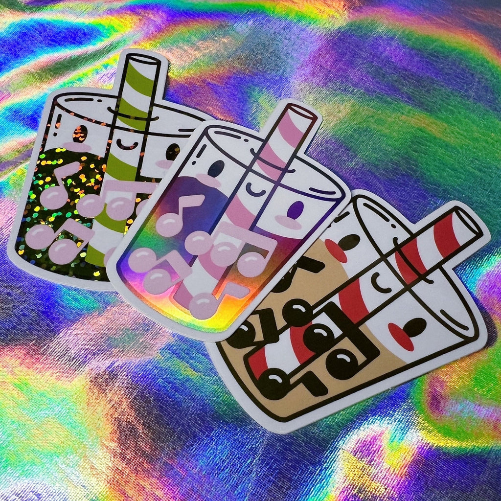 Boba Musical Milk Tea Collection (Set of 3 Stickers) by Band Camp Buddies, 2.5" Holographic Rainbow & Glitter Iridescent, Waterproof