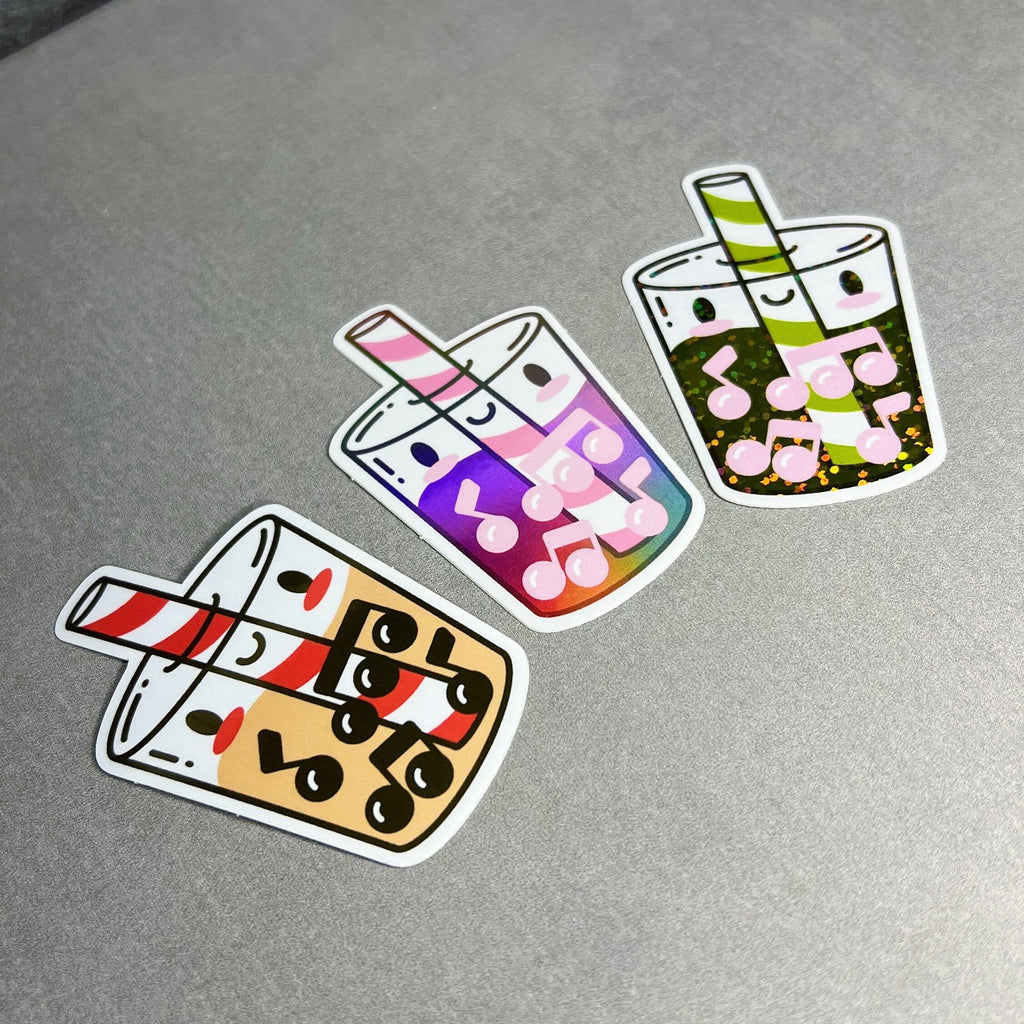 Boba Musical Milk Tea Collection (Set of 3 Stickers) by Band Camp Buddies, 2.5" Holographic Rainbow & Glitter Iridescent, Waterproof