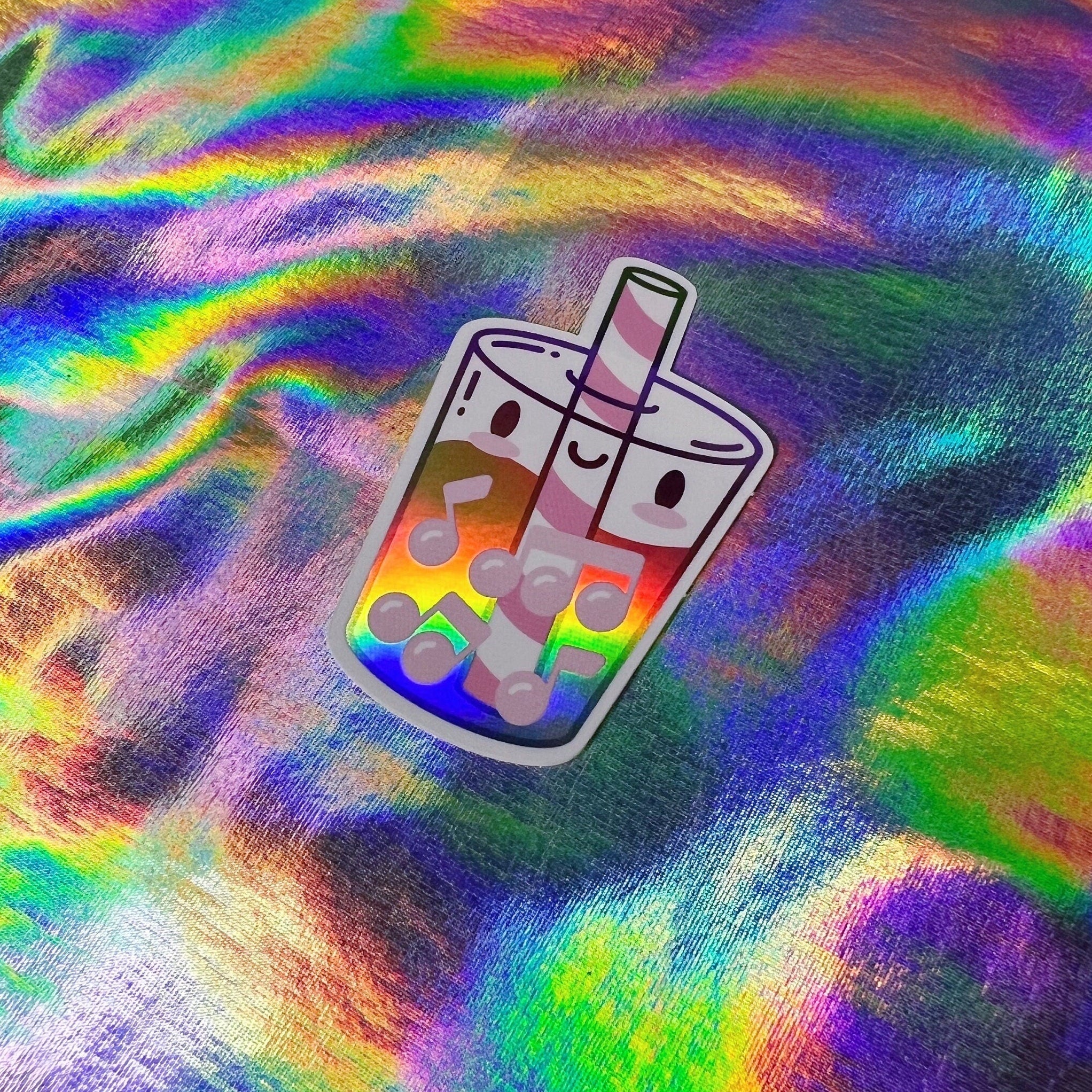 Iridescent Rose, Musical Milk Tea by Band Camp Buddies, 2.5" Rainbow Holographic Foil, Waterproof Sticker