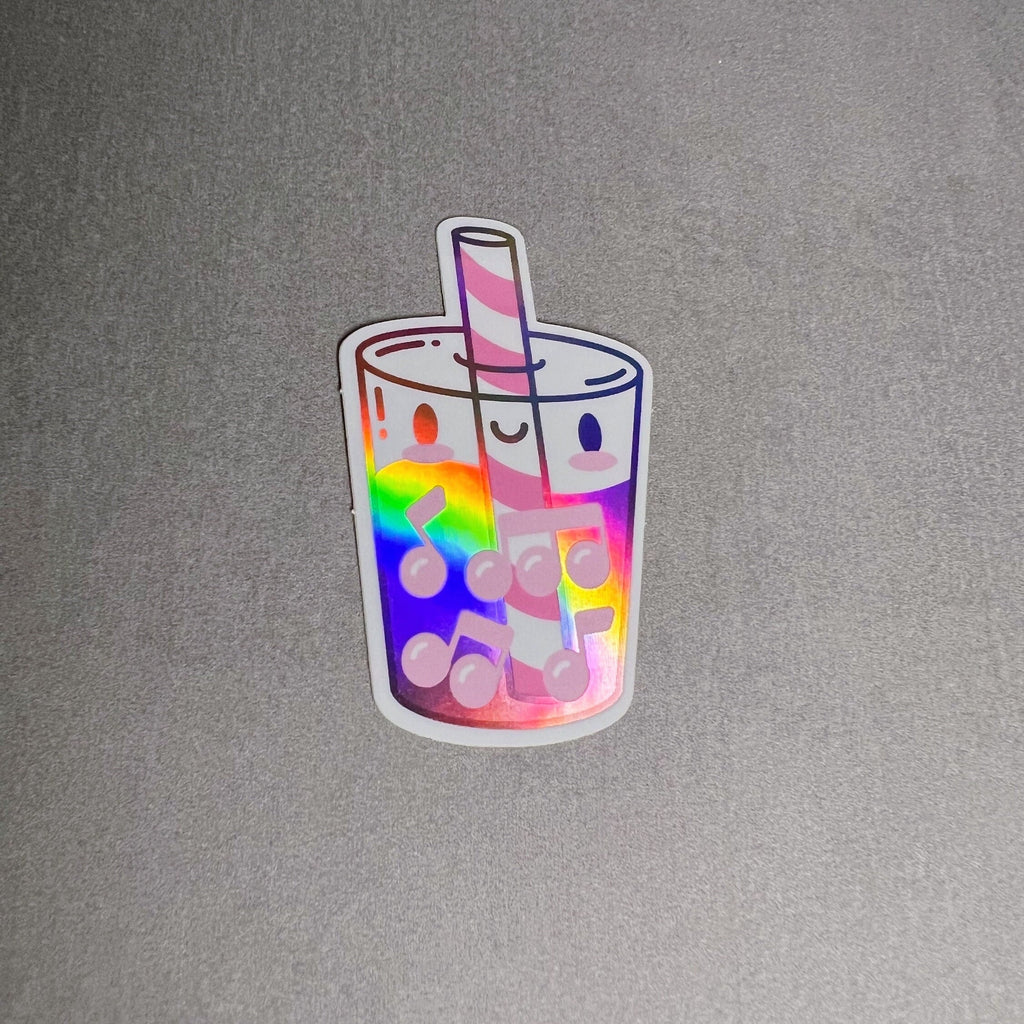 Iridescent Rose, Musical Milk Tea by Band Camp Buddies, 2.5" Rainbow Holographic Foil, Waterproof Sticker