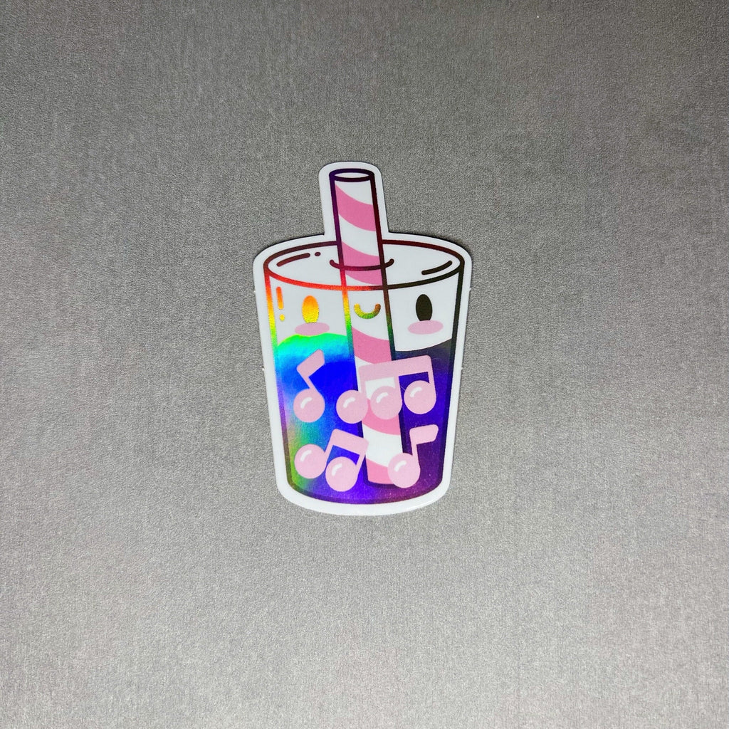 Iridescent Rose, Musical Milk Tea by Band Camp Buddies, 2.5" Rainbow Holographic Foil, Waterproof Sticker