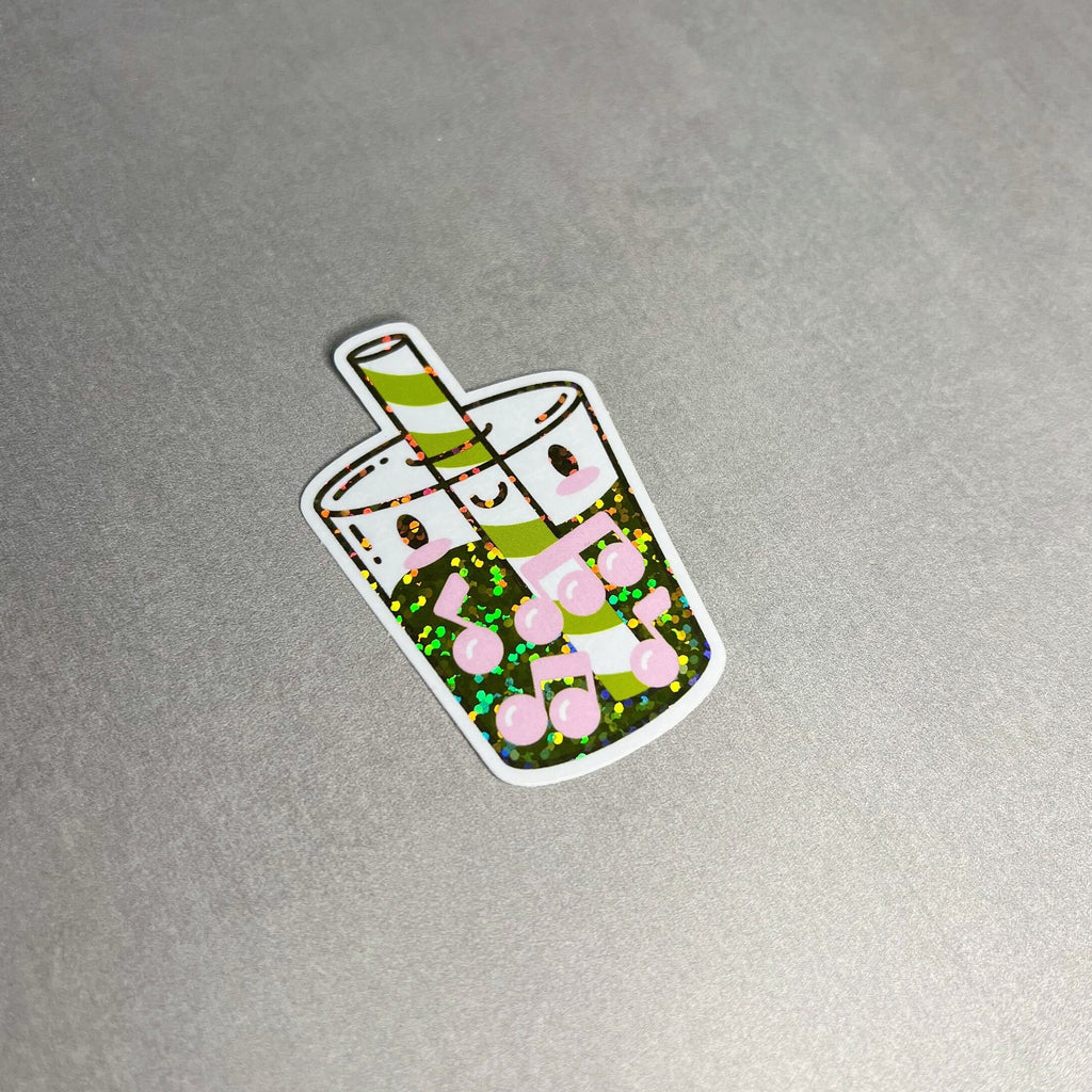 Vinyl Sticker, Glitter Matcha, Musical Boba Milk Tea by Band Camp Buddies, 2.5", Waterproof