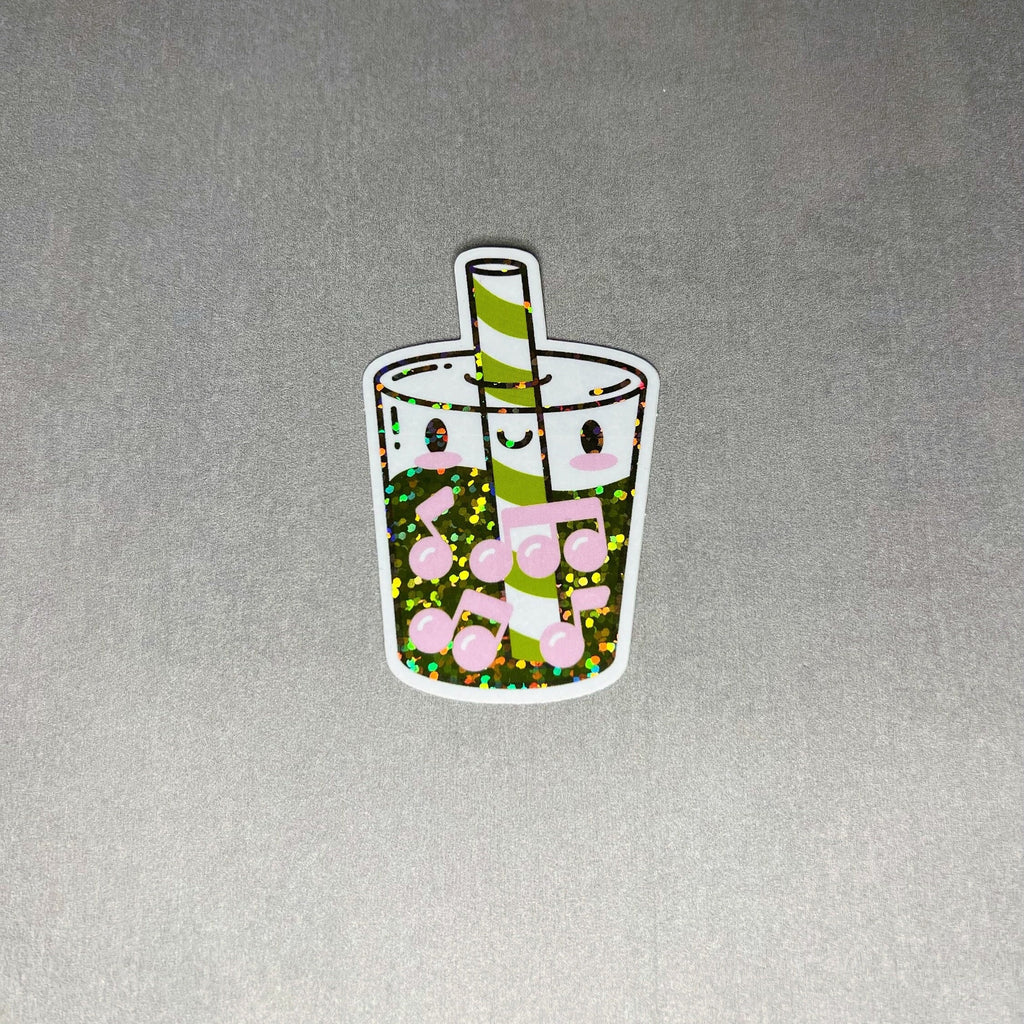 Vinyl Sticker, Glitter Matcha, Musical Boba Milk Tea by Band Camp Buddies, 2.5", Waterproof