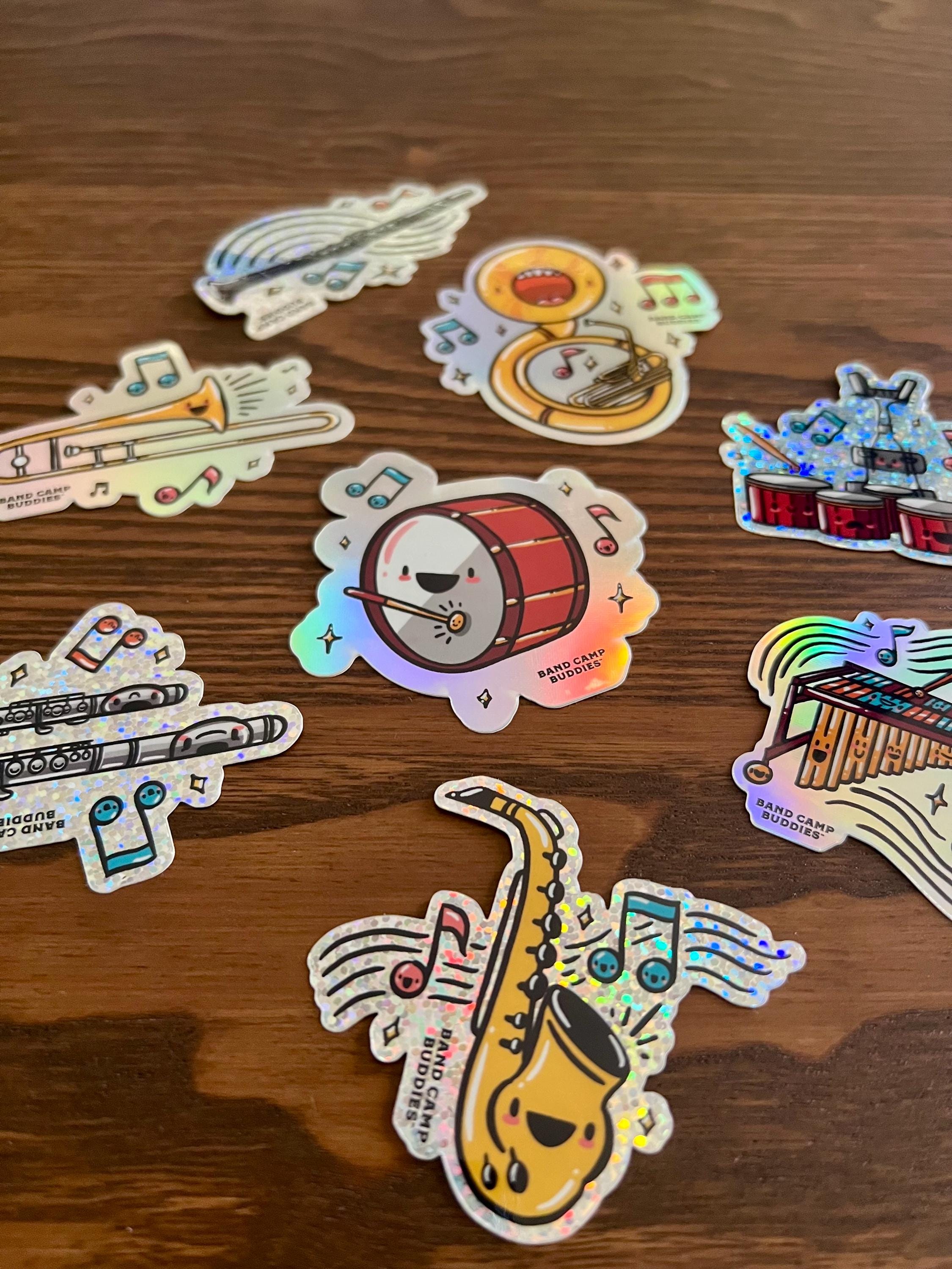 Sticker Pack, Set of 8 Cute Musical Instruments, Glitter & Holographic, 3 inch, Waterproof Vinyl Stickers, by Band Camp Buddies
