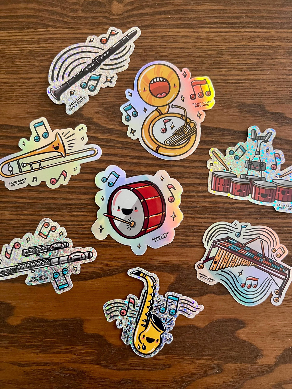 Sticker Pack, Set of 8 Cute Musical Instruments, Glitter & Holographic, 3 inch, Waterproof Vinyl Stickers, by Band Camp Buddies