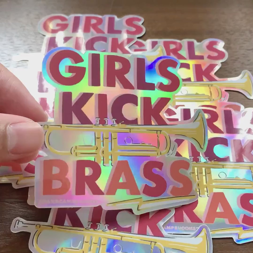 Band Camp Buddies, Marching Band, 3" Holographic, Girls Kick Brass Rainbow Trumpet, Vinyl Waterproof Die Cut Sticker